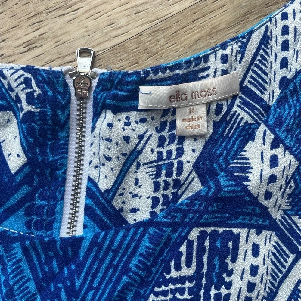Ella Moss Fringe Side Shift Dress Blue Abstract Print Medium Y2K retro